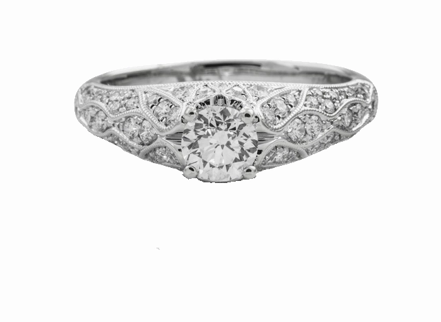 Premium Edge 14 Karat White Gold Milgrain Pave Engagement Ring (1.13cttw)