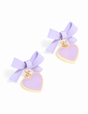 Gold Light Purple Coated Metal Bow Heart Drop Stud Earrings Artistic Accessory Petite Jewelry