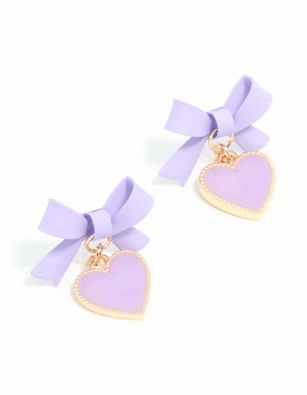 Gold Light Purple Coated Metal Bow Heart Drop Stud Earrings Artistic Accessory Petite Jewelry