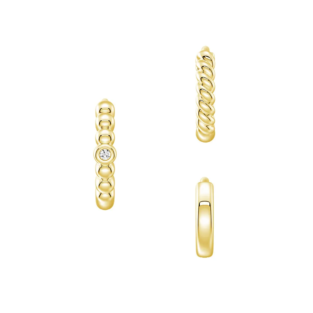 Premium Embellishment Triple Stack Hoop Earrings Set with Lab Grown Diamond Accent