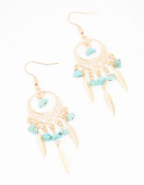 Sophisticated Detail Artistic Trinket Turquoise Semi Precious Dream Catcher Gold Drop Earrings