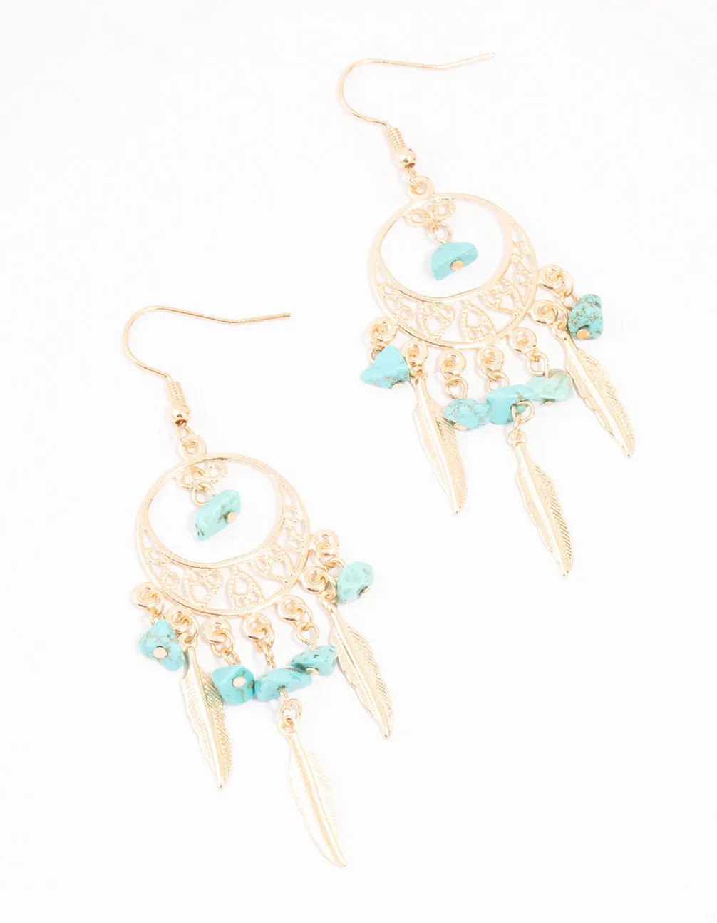 Exquisite Element Turquoise Semi Precious Dream Catcher Gold Drop Earrings