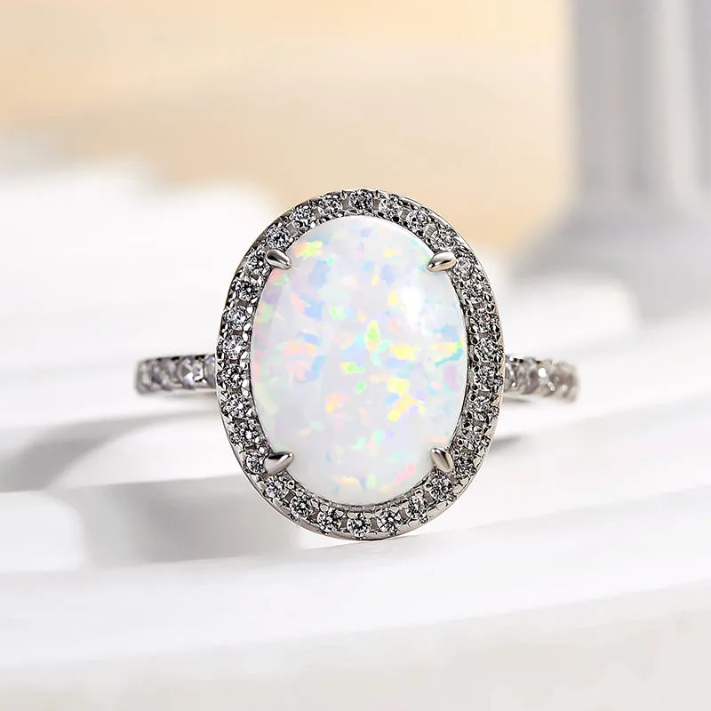 Louily Unique Opal Stone Halo Oval Cut Engagement Ring Spark Touch