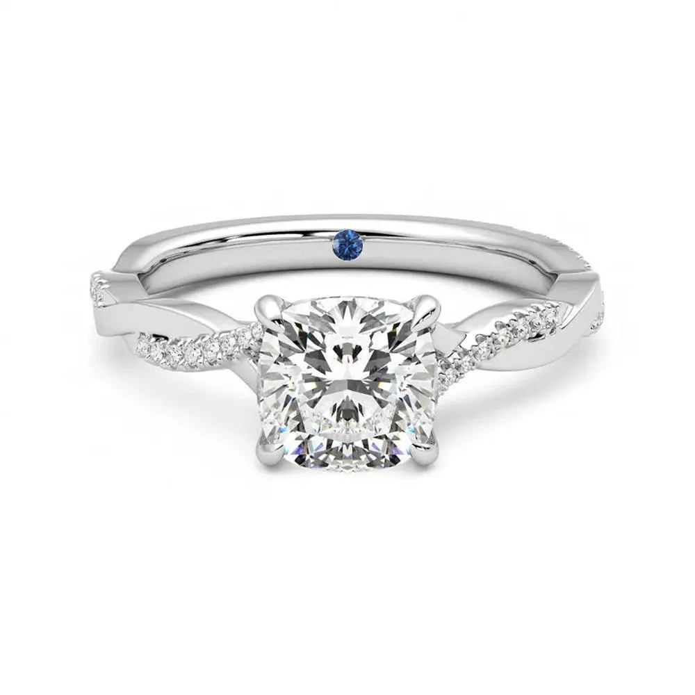 Refined Edge Twisted Band Cushion Cut Moissanite Engagement Ring with Hidden Anniversary Stone Accent