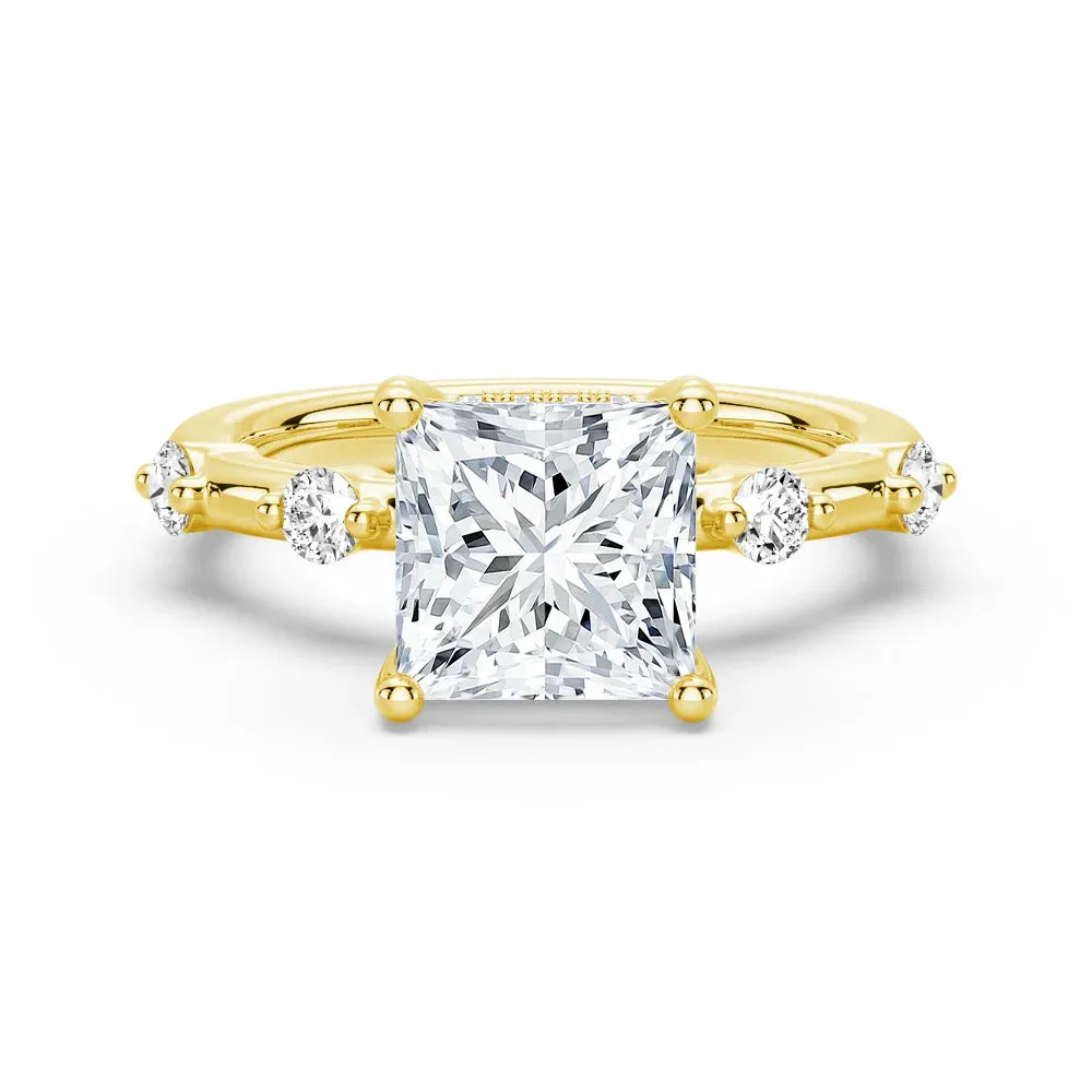 Fashion Piece Vintage Keepsake Princess Cut Moissanite Ring with Diamond Spaced Band and Hidden Halo