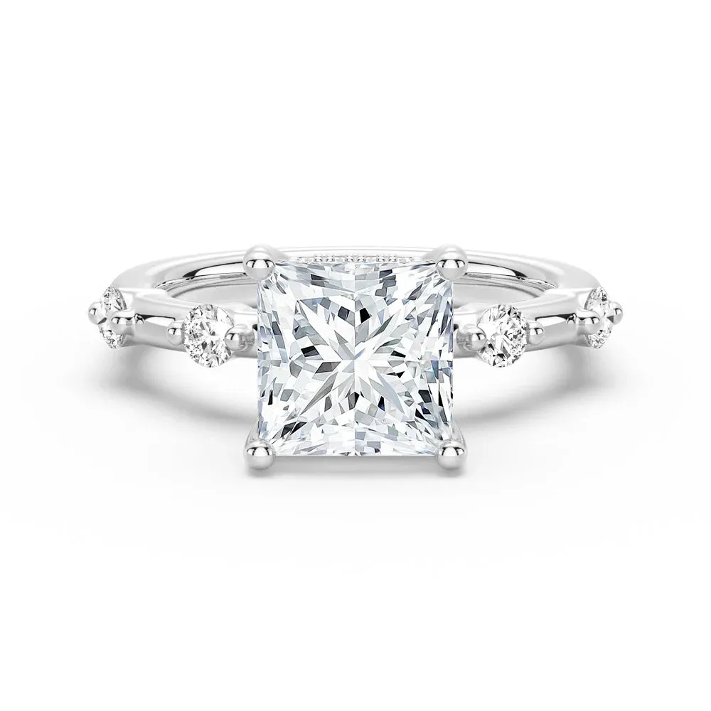 Eternal Jewelry Strong Design Princess Cut Moissanite Ring with Diamond Spaced Band and Hidden Halo