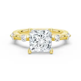 Timeless Expression Princess Cut Moissanite Ring with Diamond Spaced Band and Hidden Halo