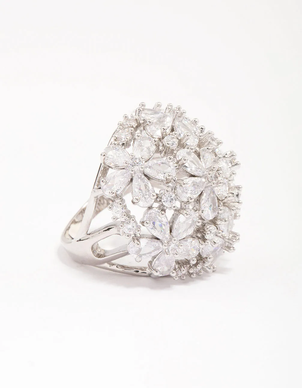 Designer Embellishment Silver Flower Dome Cocktail Ring