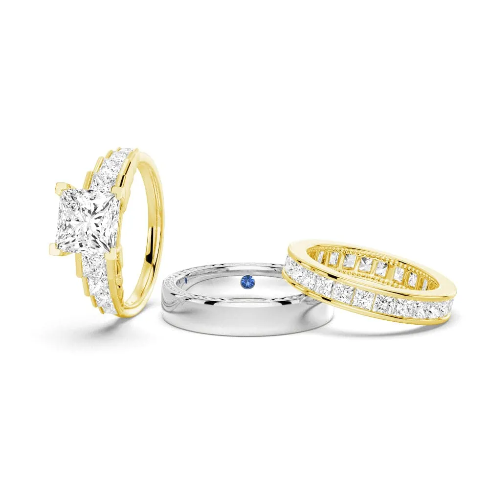 Unique Cinderella Staircase Princess Cut Moissanite Couple's Ring Set with Men's Wedding Band Statement Accessory