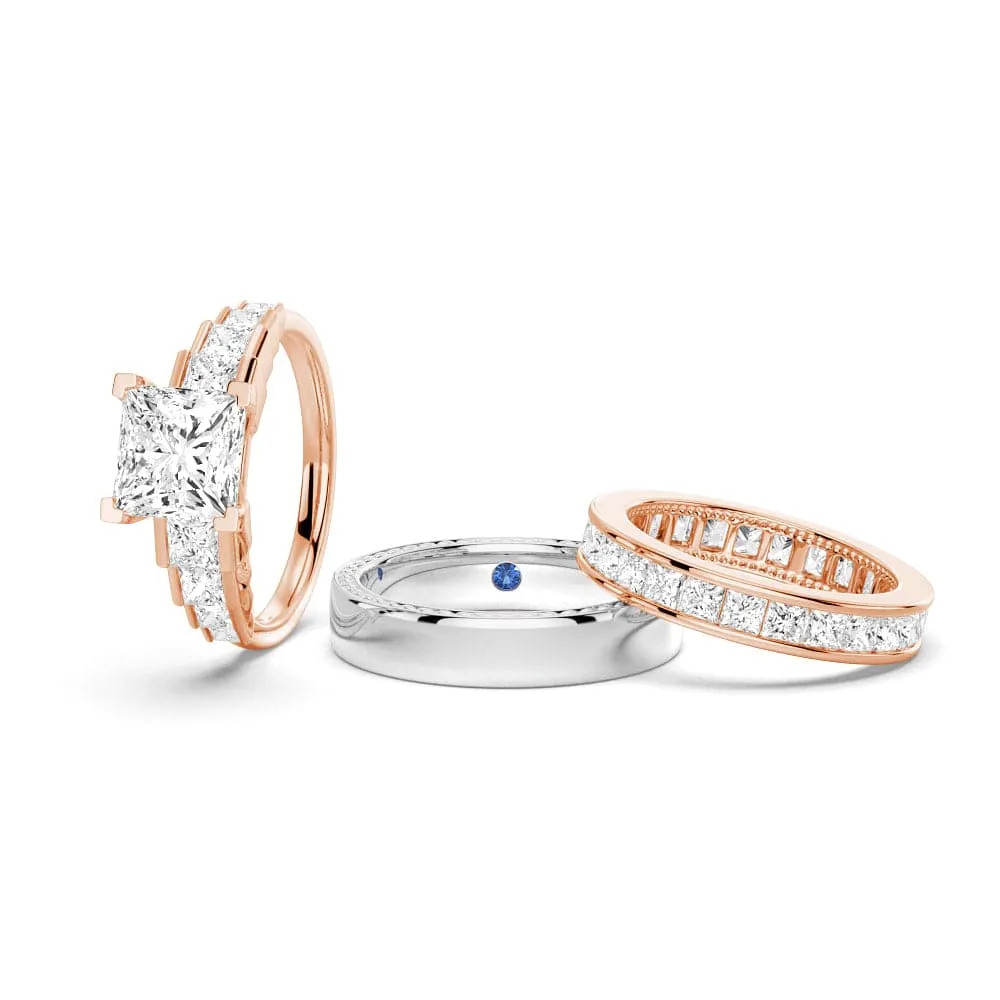 Tarnish Proof Unique Cinderella Staircase Princess Cut Moissanite Couple's Ring Set with Men's Wedding Band