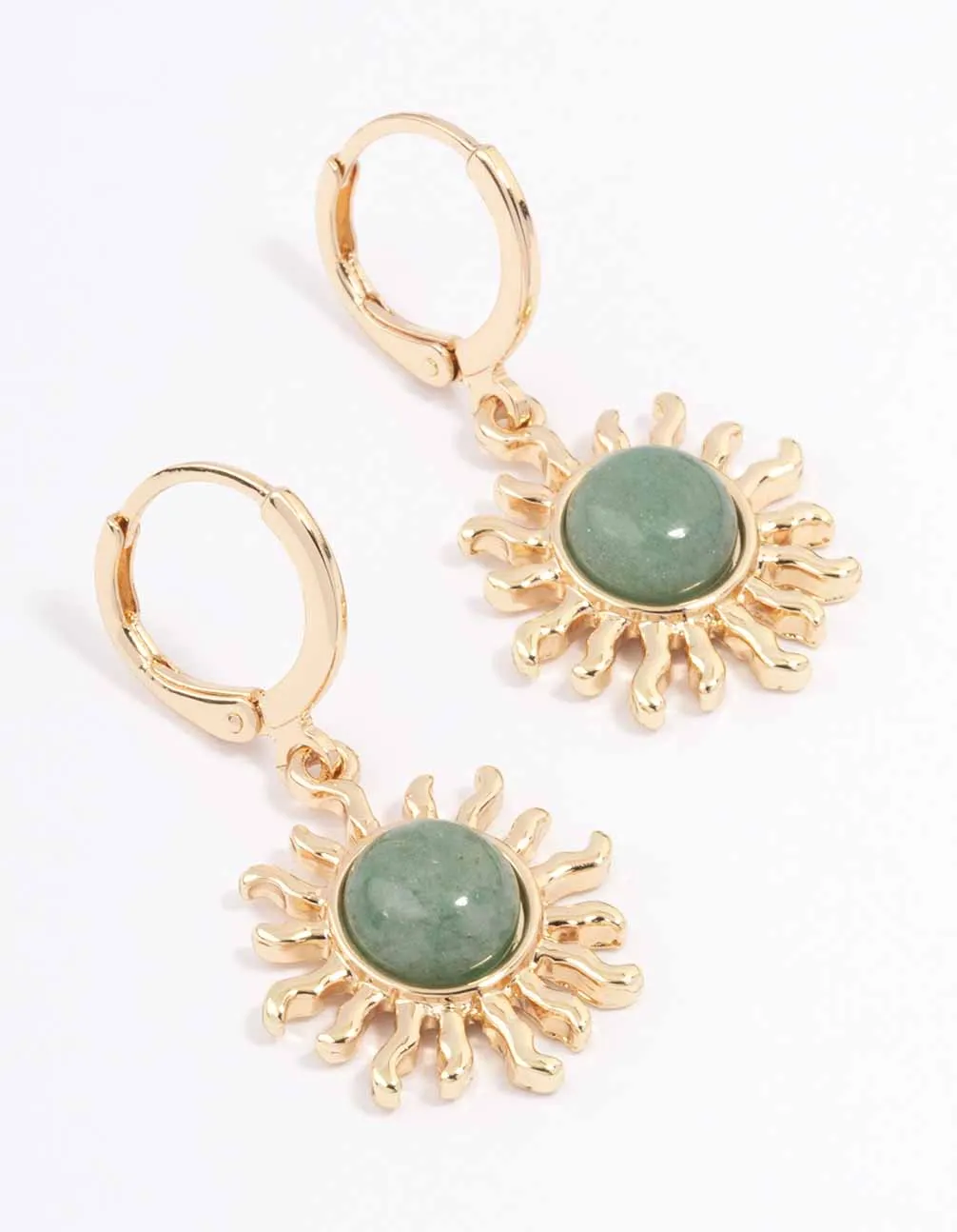 High-quality product Vintage Detail Gold Green Aventurine Sun Huggie Earrings