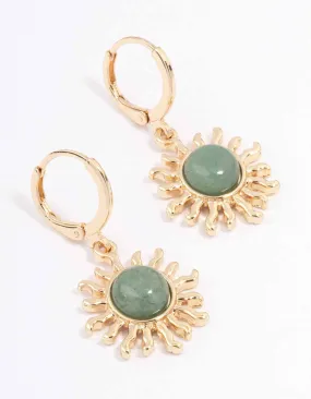High-quality product Vintage Detail Gold Green Aventurine Sun Huggie Earrings