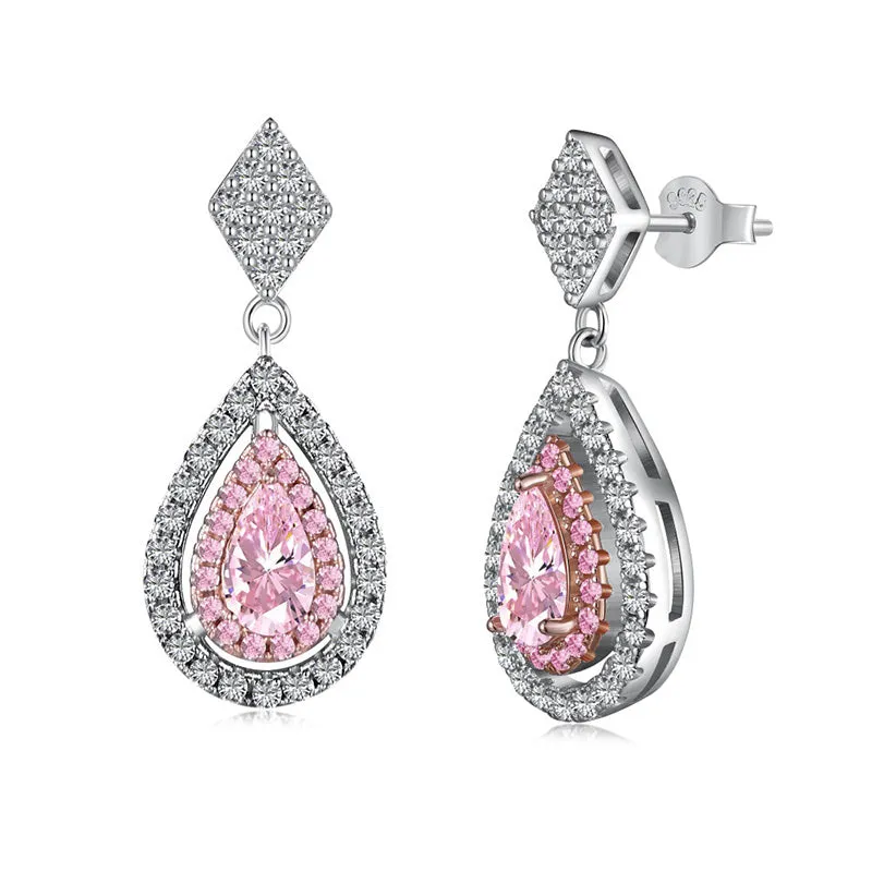 High Style Louily Pink Stone Double Halo Pear Cut Women's Earrings