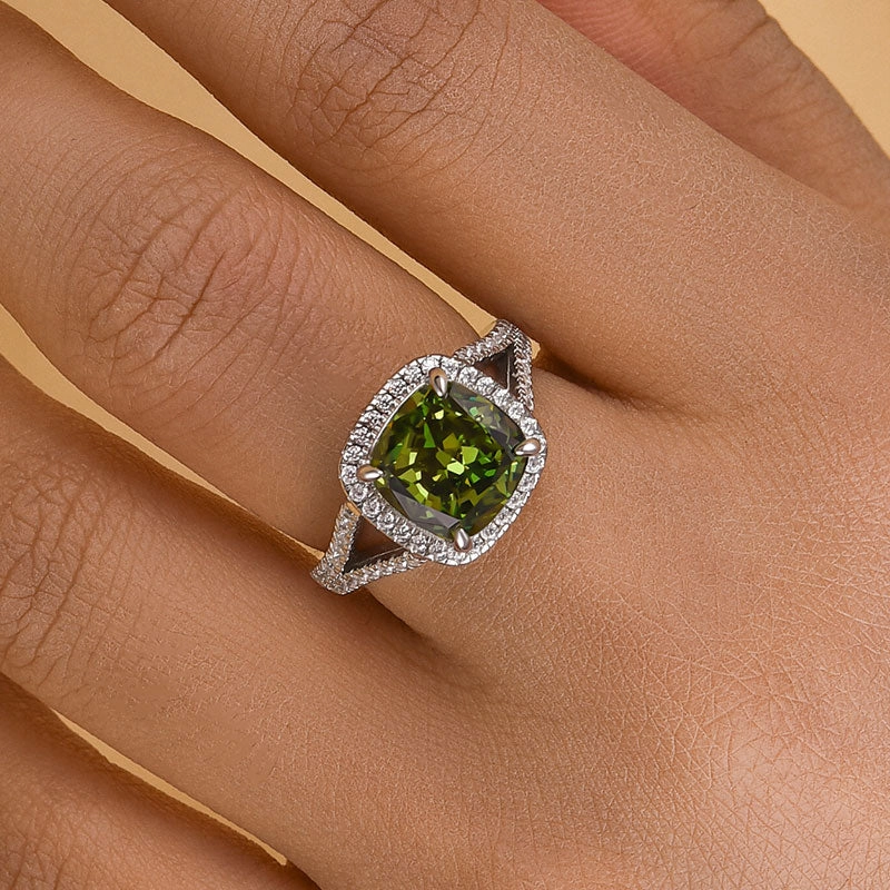 Louily Vintage Green Stone Split Shank Cushion Cut Engagement Ring Cozy Accent