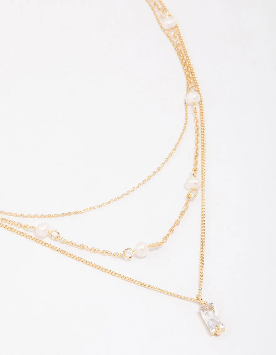Gold Plated Brass Trio Pearl Baguette Layered Necklace For Boss