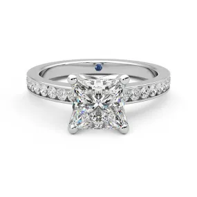 Princess Cut Moissanite Engagement Ring with Hidden Anniversary Stone and Channel Set Side Stones Vintage Inspiration
