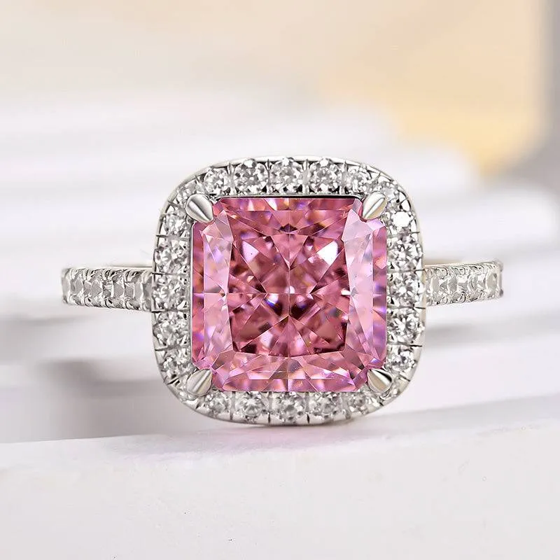 Louily Lovely Halo Radiant Cut Pink Stone Engagement Ring Dynamic Highlight Outdoor Light