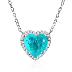 Trendy Detail Louily Halo Heart Cut Aquamarine Blue Necklace For Women In Sterling Silver