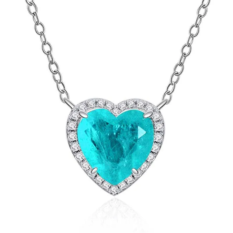 Trendy Detail Louily Halo Heart Cut Aquamarine Blue Necklace For Women In Sterling Silver