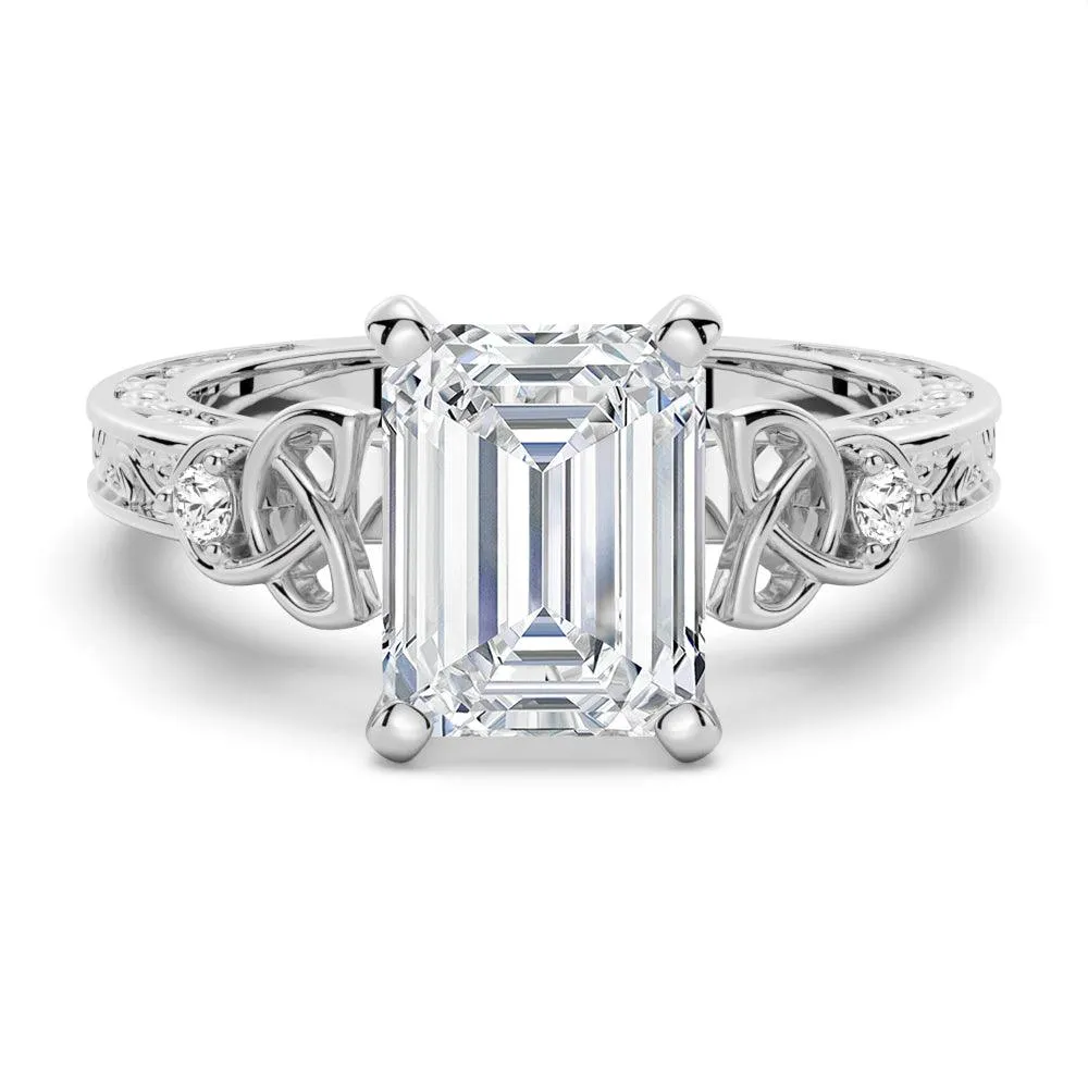 Vintage Celtic Knots Design Emerald Cut Moissanite Engagement Ring Elegant Balance