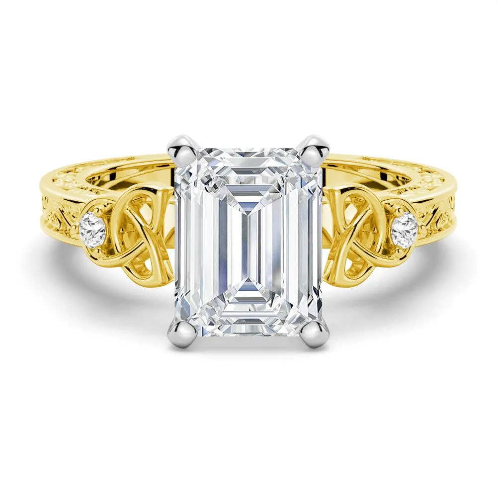 Vintage Celtic Knots Design Emerald Cut Moissanite Engagement Ring Shiny Item Traditional Design