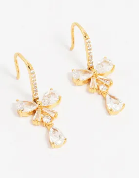 Safe Creation Square Ornament Gold Plated Cubic Zirconia Bow Teardrop Earrings