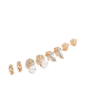 Gold Diamante & Pearl Clip-On Earrings 4-Pack Attractive Decoration Premium Feature