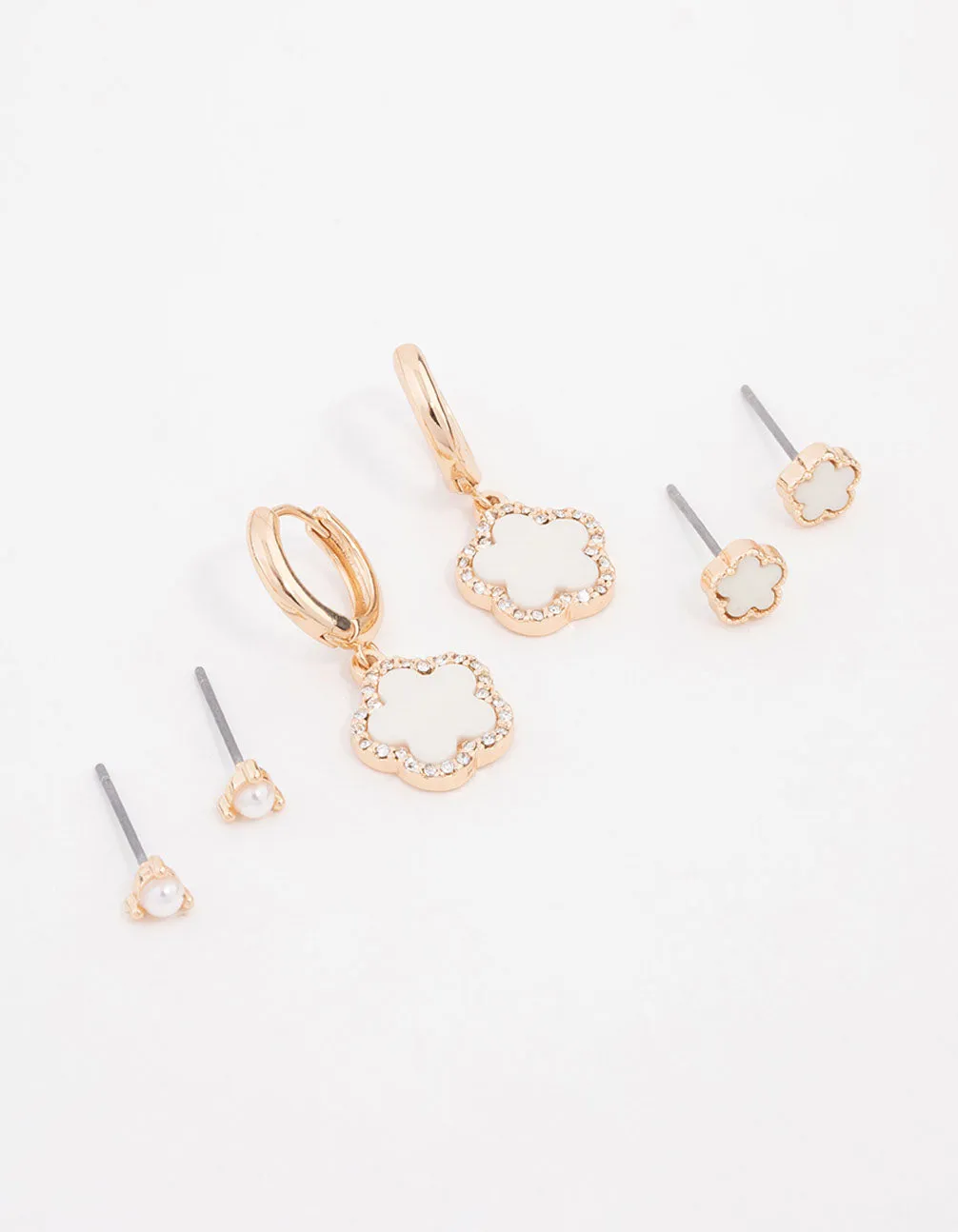 Gold Pearl Flower Classic Earrings 3-Pack Sturdy Feature