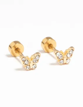 Winter Adornment Handsome Embellishment Kids Gold Plated Surgical Steel Diamante Butterfly Flat Back Earrings