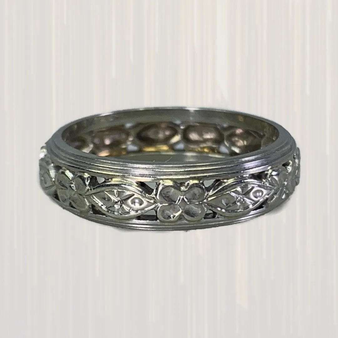 1930s Ornate Wedding Ring in 14k White Gold with a Stunning Floral Design. Perfect Stacking Band. Unique Symbol Meaningful Statement