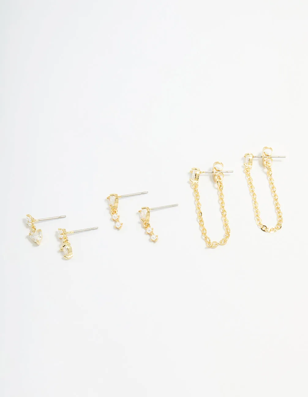 Graceful Design Gold Plated Brass Cubic Zirconia Heart Stud Drop Stud & Chain Earrings 3-Pack