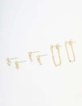 Gold Plated Brass Cubic Zirconia Heart Stud Drop Stud & Chain Earrings 3-Pack Big Accessory Affordable Must-Have