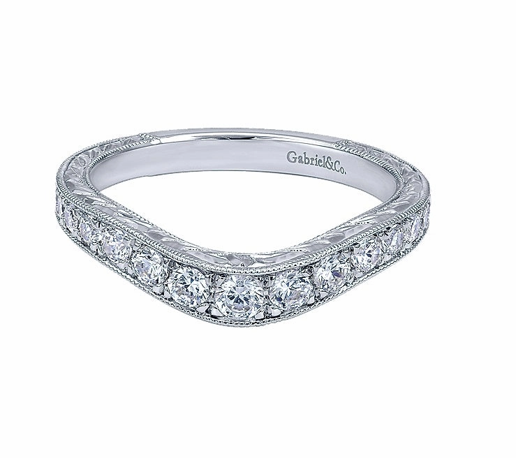 Vintage Inspired 14K White Gold Curved Bead Set Diamond Wedding Band with Engraving Evening Style Light Spark