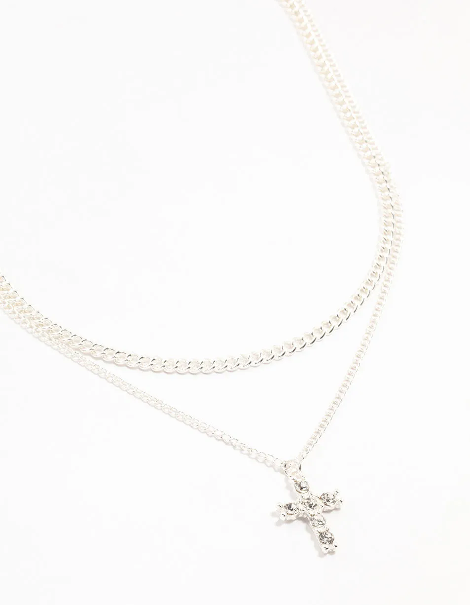 Silver Plated Diamante Cross Layered Curbchain Necklace Romantic Gift
