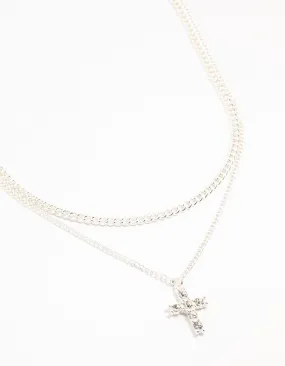 Silver Plated Diamante Cross Layered Curbchain Necklace Romantic Gift