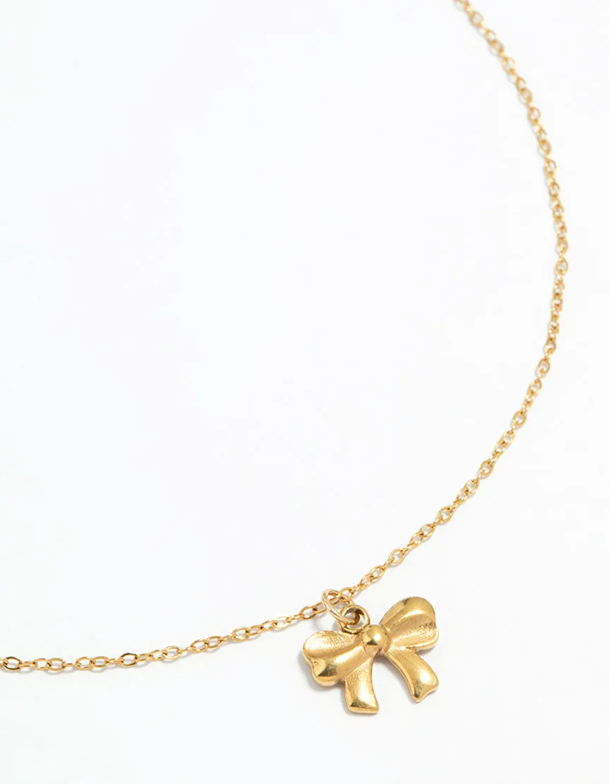 Waterproof Gold Plated Stainless Steel Bow Pendant Necklace Artisan Present