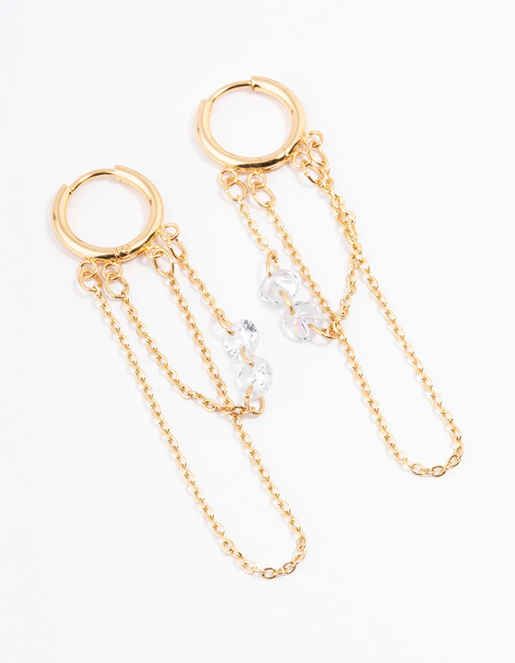Beautiful Style Social Trinket Waterproof Gold Plated Stainless Steel Double Chain Cubic Zirconia Huggie Earrings