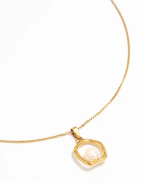 Waterproof Gold Plated Stainless Steel Freshwater Pearl Molten Hoop Pendant Necklace Superb Style