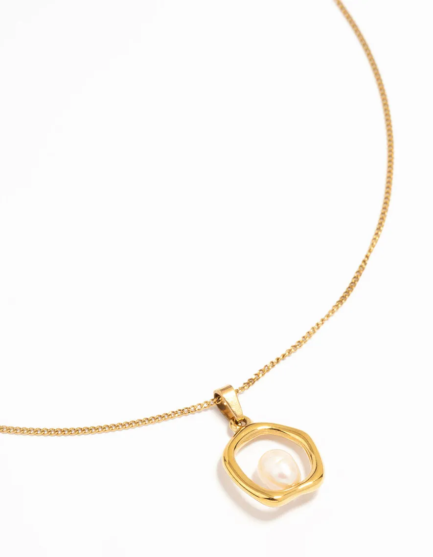 High-End Accessory Waterproof Gold Plated Stainless Steel Freshwater Pearl Molten Hoop Pendant Necklace