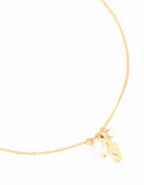 Premium Jewelry Creative Flair Waterproof Gold Plated Stainless Steel Freshwater Pearl Seahorse Necklace