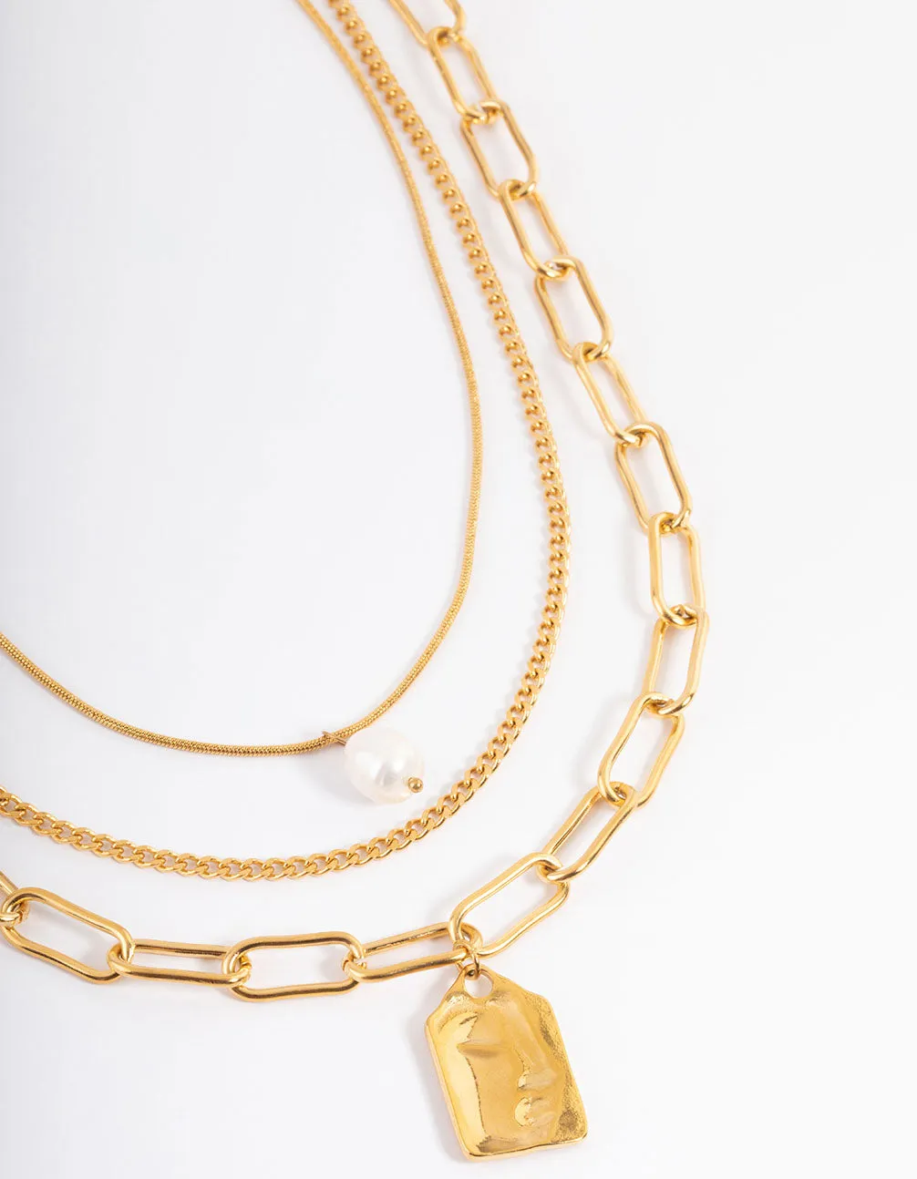 Stylish Ornament Waterproof Gold Plated Stainless Steel Pearl Pendant Statement Layered Necklace