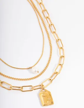 Bright Feature Business gift Waterproof Gold Plated Stainless Steel Pearl Pendant Statement Layered Necklace