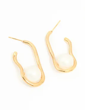 Waterproof Gold Plated Stainless Steel Pearl Twist Hoop Earrings Rectangular Ornament Unique Look