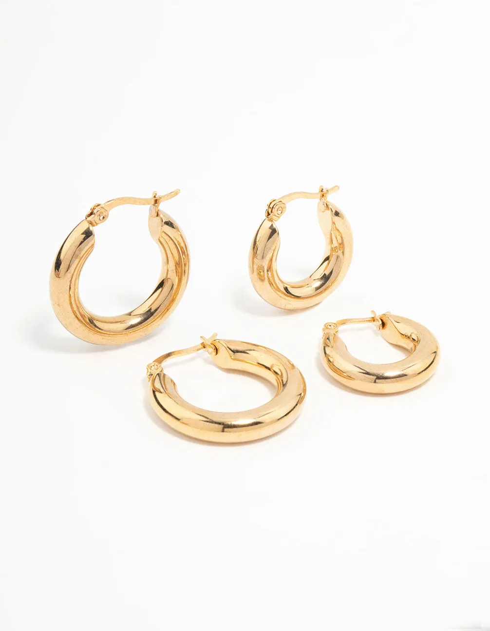 Daytime Accent Sophisticated Decor Waterproof Gold Plated Stainless Steel Tube Hoop Earrings 2-Pack