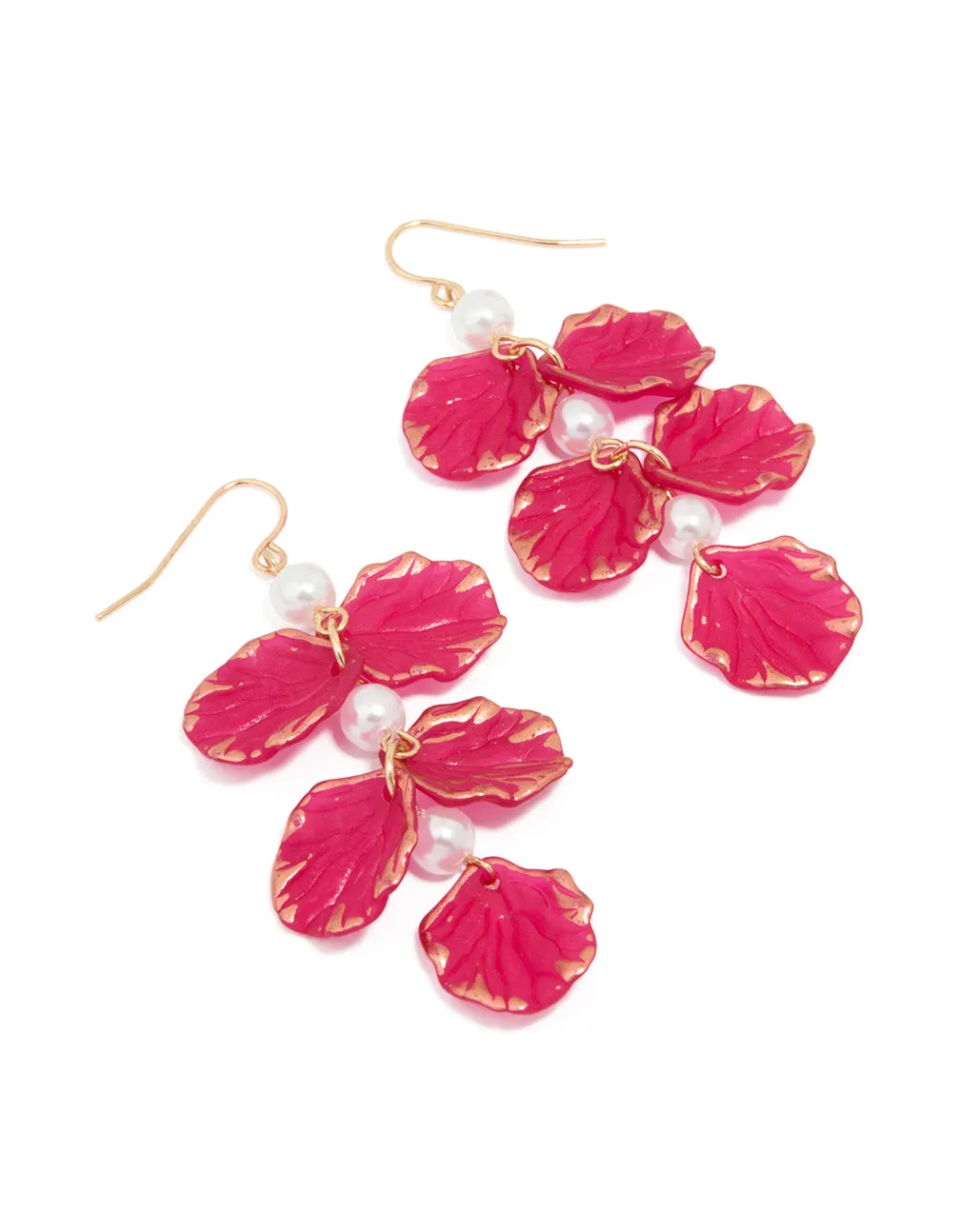 Gold Pearl Pink Petal Drop Earrings Glossy Piece Elegant Detail