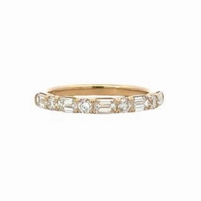 Yellow Gold Alternating Emerald and Round Diamond Band Trend Focused