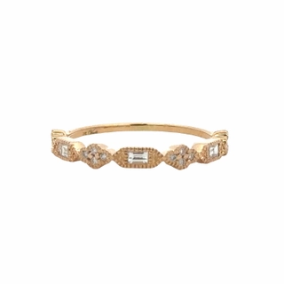 Yellow Gold Baguette and Round Diamond Stackable Band Comfort Fit Clean Texture